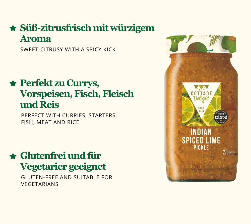 
                  
                    Indian Spiced Lime Pickle (270 g): Limetten-Chutney mit indischen Gewürzen – süß, würzig & aromatisch. Perfekt zu Currys, Fisch, Fleisch oder Reis.
                  
                
