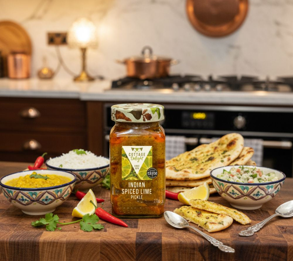 Indian Spiced Lime Pickle (270 g): Limetten-Chutney mit indischen Gewürzen – süß, würzig & aromatisch. Perfekt zu Currys, Fisch, Fleisch oder Reis.