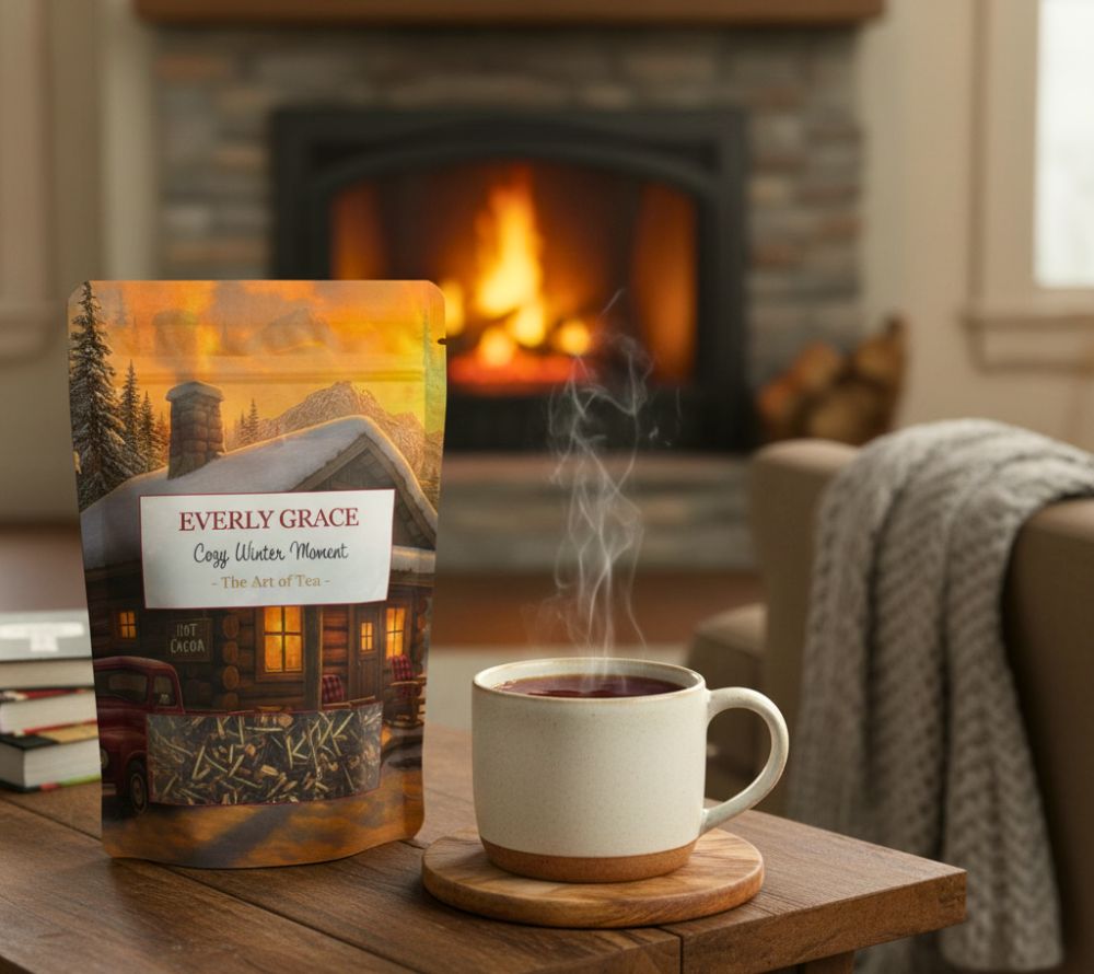 Entdecke Everly Grace Cozy Winter Moment Tea – aromatischer Bio-Schwarztee mit Zimt, Rosmarin, Süßholz & Rosenblüten. Perfekt für kuschelige Wintermomente.