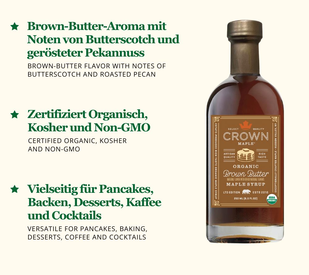Crown Maple Brown Butter Flavor Maple Syrup – Bio-Ahornsirup mit buttrigem Karamellaroma. Perfekt für Pancakes, Desserts, Backen & Kaffee. Organic, Kosher, Non-GMO.