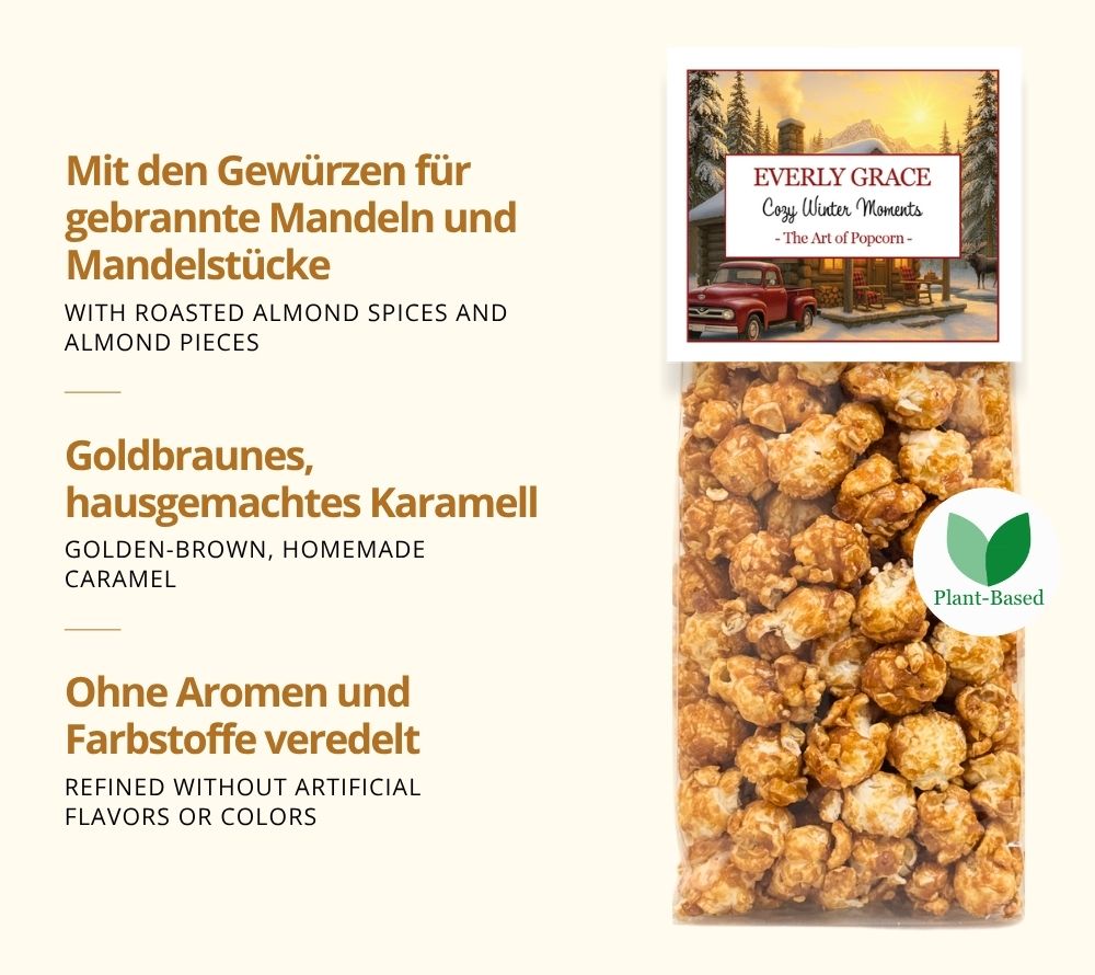 Erleben Sie Cozy Winter Moments Popcorn von Everly Grace: Karamellpopcorn mit gebrannten Mandeln, handgefertigt in Augsburg
