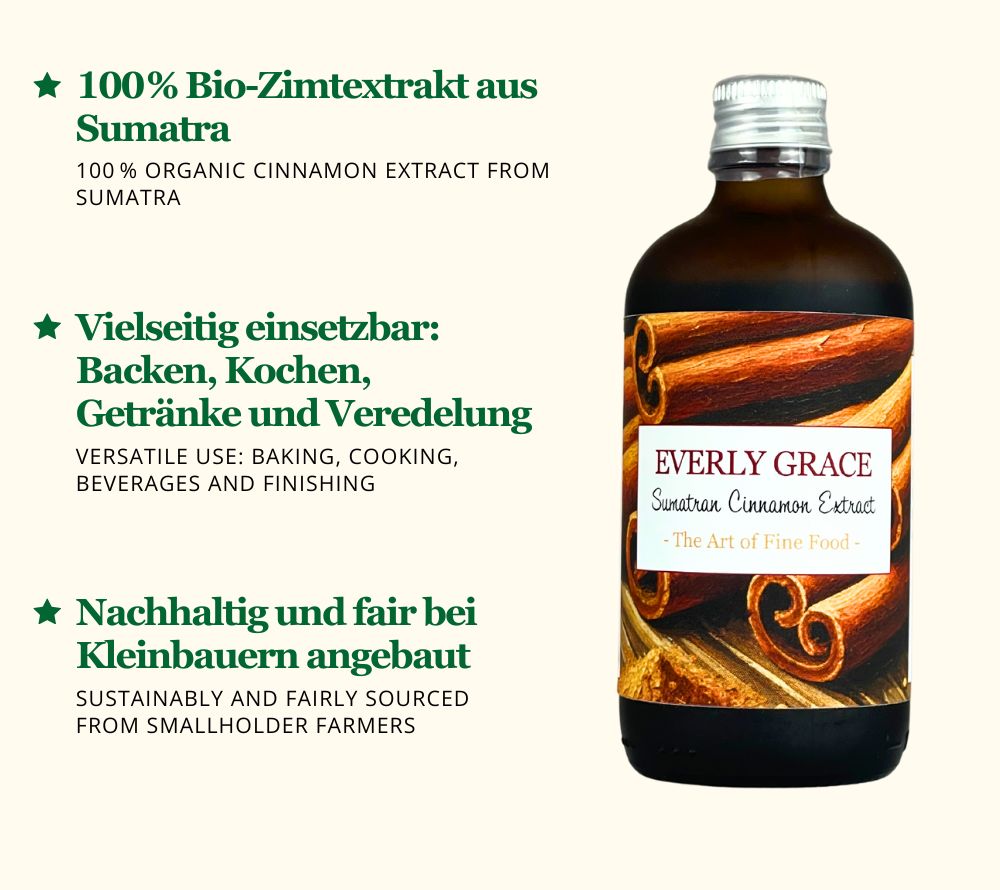 Everly Grace Organic Cinnamon Extract – Bio-Zimtextrakt aus Sumatra, reich an ätherischen Ölen. Perfekt zum Backen, Kochen und für aromatische Getränke.