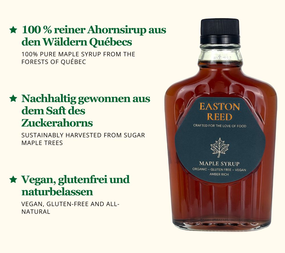 Easton Reed Bio-Ahornsirup - Reiner kanadischer Ahornsirup Grade A Amber Rich: aromatisch, bernsteinfarben & vielseitig für Frühstück, Backen & Küche einsetzbar.