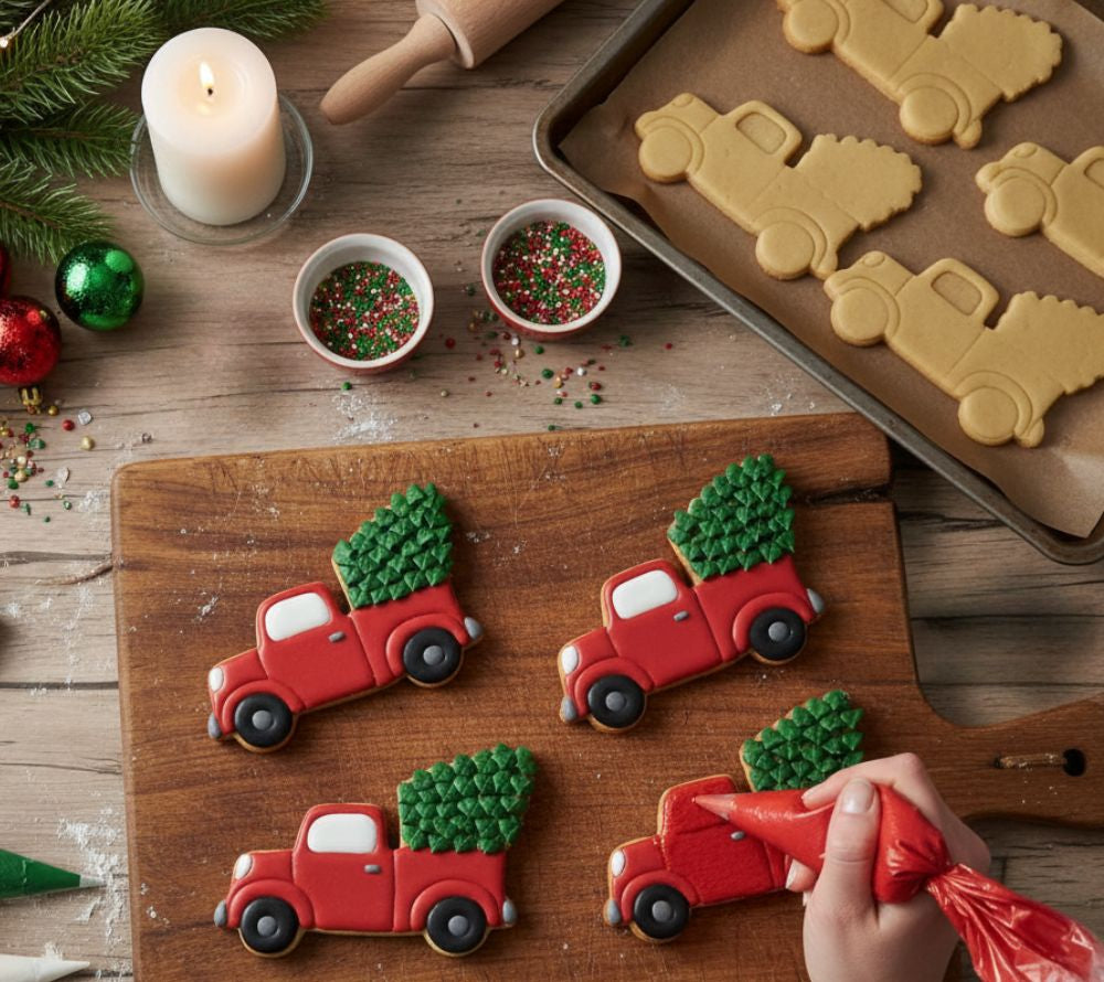 Christmas Tree Truck Keksausstecher von Everly Grace (13,5 × 8,7 × 2,5 cm) – festliches Backzubehör für Plätzchen, Kekse und Lebkuchen.