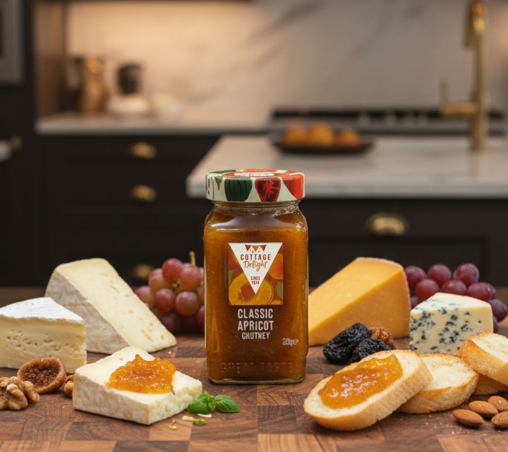 Classic Apricot Chutney (320 g) von Cottage Delight – fruchtig, süß & glutenfrei. Perfekt zu Käse, Frischkäse-Dips oder als Glasur für Geflügelgerichte.