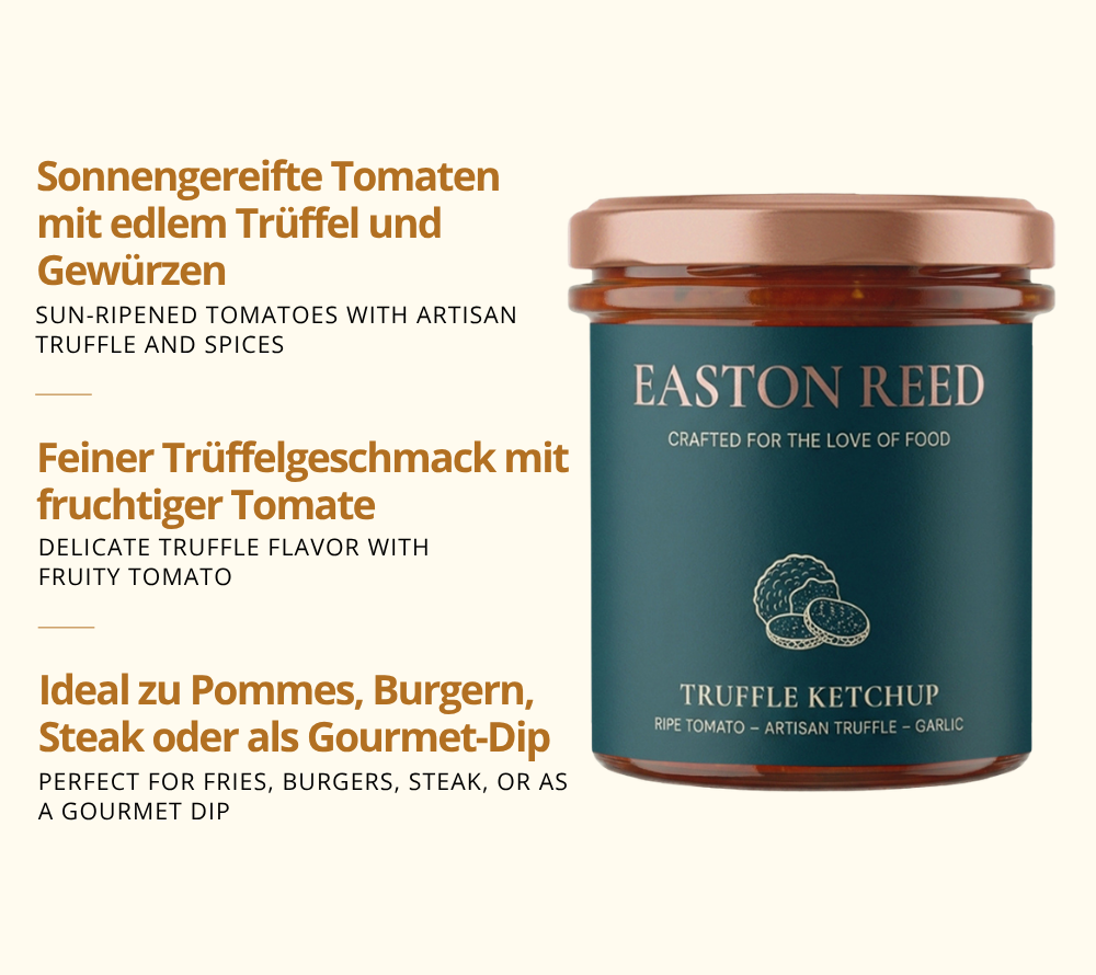 Truffle Ketchup als Freistellerbild mit jeweils 3 Fakten auf deutsch und auf englisch