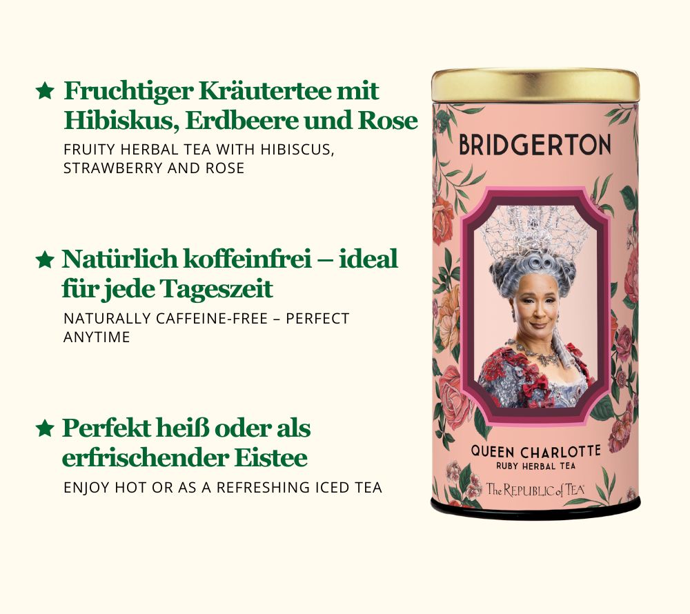Kräutertee mit Hibiskus, Erdbeere & Rose. Fruchtig, floral & koffeinfrei – Bridgerton Ruby Tea für elegante Genussmomente.
