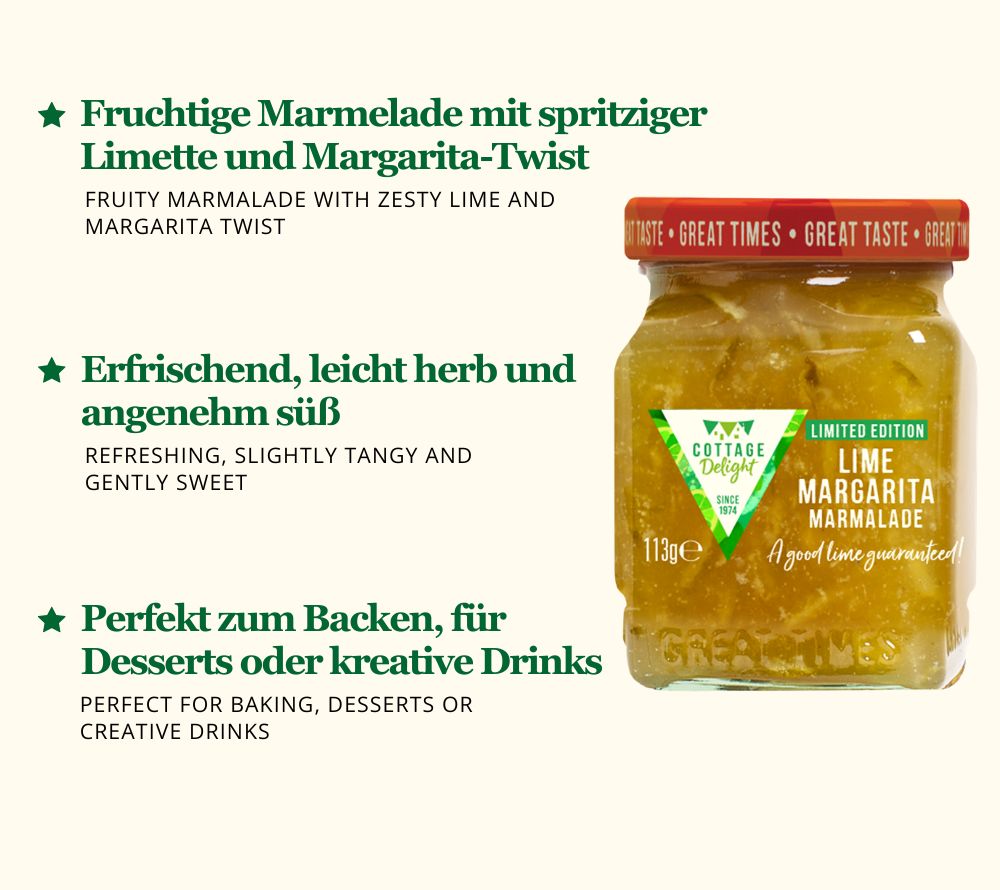 Lime Margarita Marmelade: spritzig, fruchtig & mit feinem Twist. Perfekt für Toast, Desserts und kreative Rezepte mit Zitrusnote. Jetzt bei American Heritage!