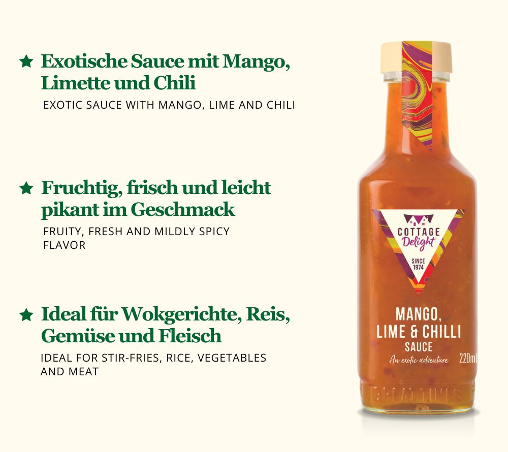 Mango, Lime & Chilli Sauce: fruchtig, exotisch & leicht pikant. Perfekt für Wokgerichte, Dips und kreative Küche.