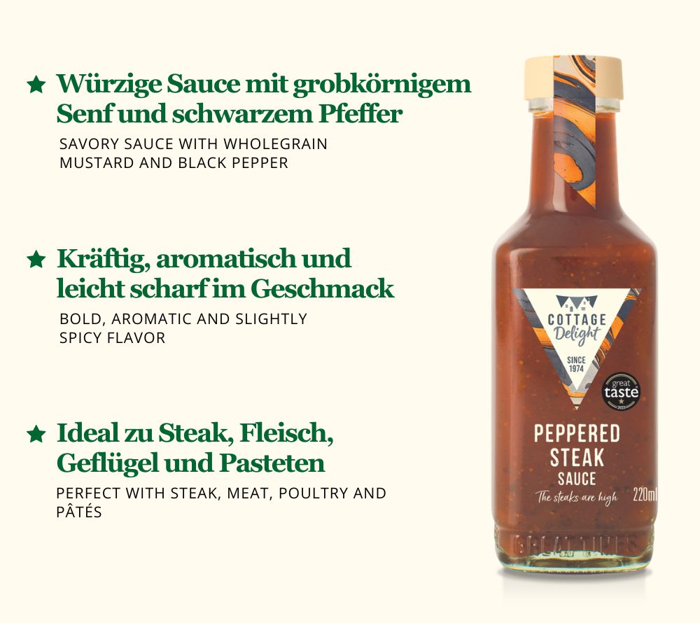 Peppered Steak Sauce: würzig, pfeffrig & aromatisch. Perfekt zu Steak, Fleisch und Saucen – glutenfrei & vielseitig einsetzbar.