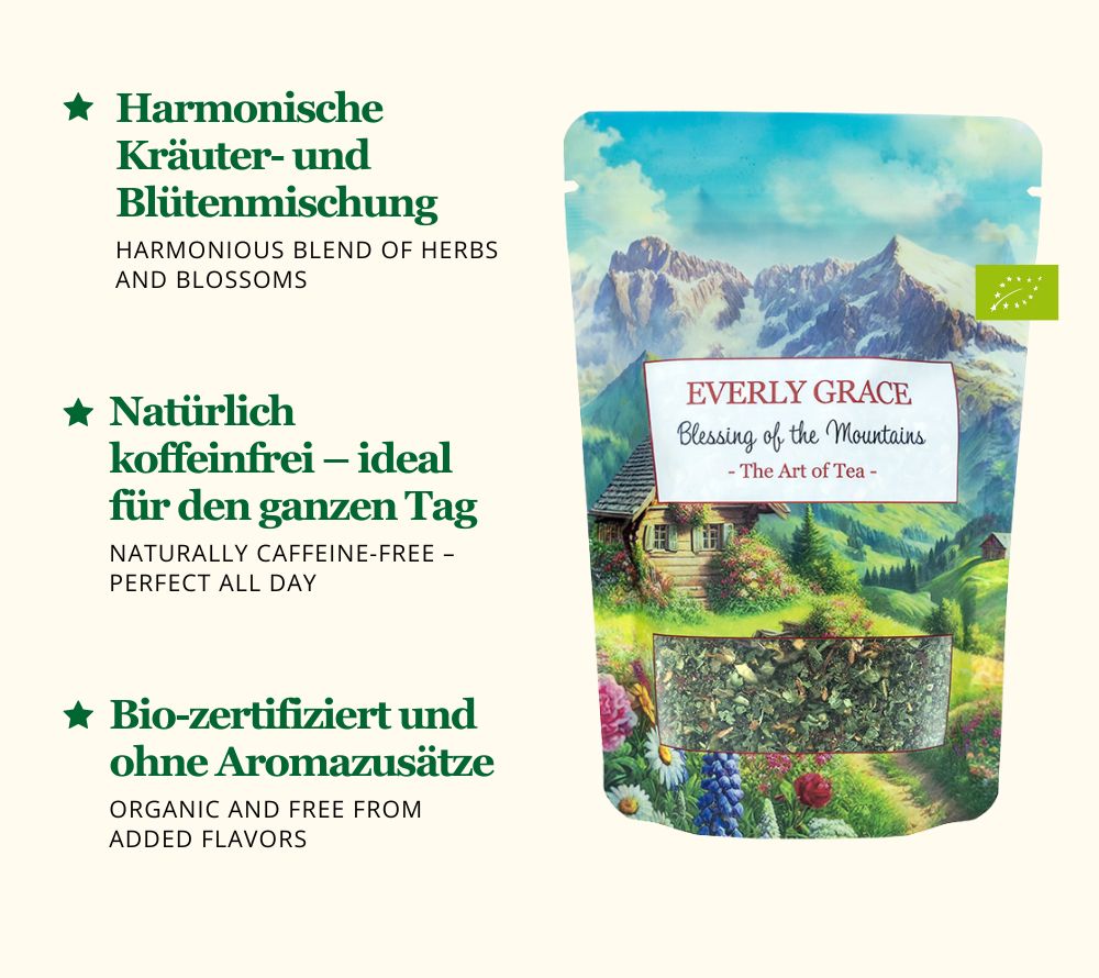 Blessing from the Mountain Tea: Bio-Kräutertee mit Blüten. Koffeinfrei, ohne Aromen – harmonisch & ideal für entspannte Genussmomente. Jetzt probieren!