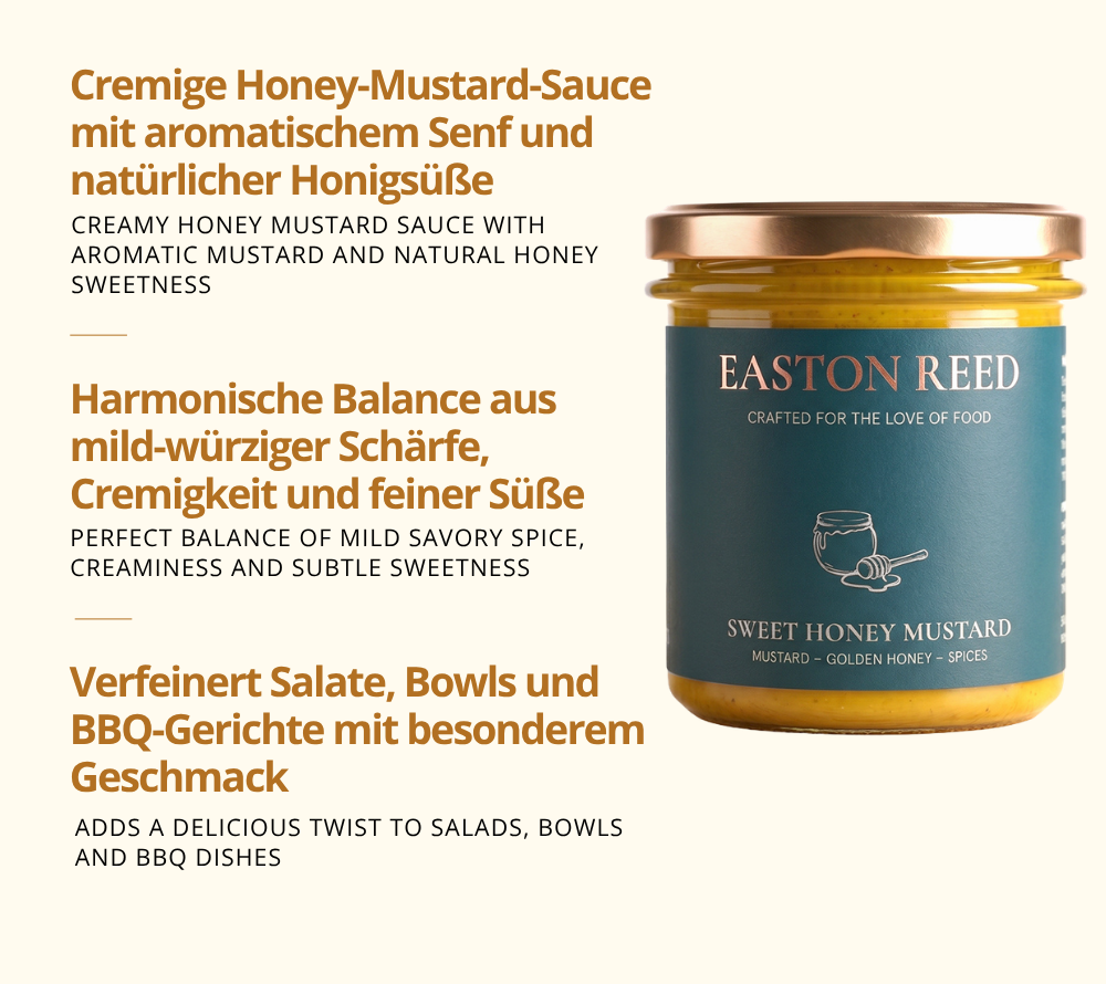 Cremige Honey-Mustard-Sauce mit aromatischem Senf und natürlicher Honigsüße - zu Salaten, Bowls, BBQ-Gerichten und mehr
