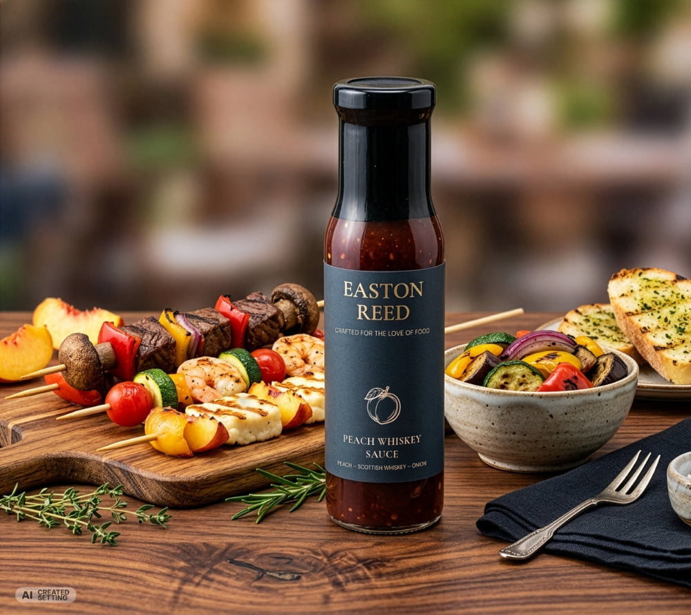 Easton Reed Peach Whiskey Sauce im Glas mit gegrillten Fleisch- und Gemüsespießen, Grillgemüse und Knoblauchbrot – fruchtig-würzige BBQ-Sauce mit Pfirsich und Whisky