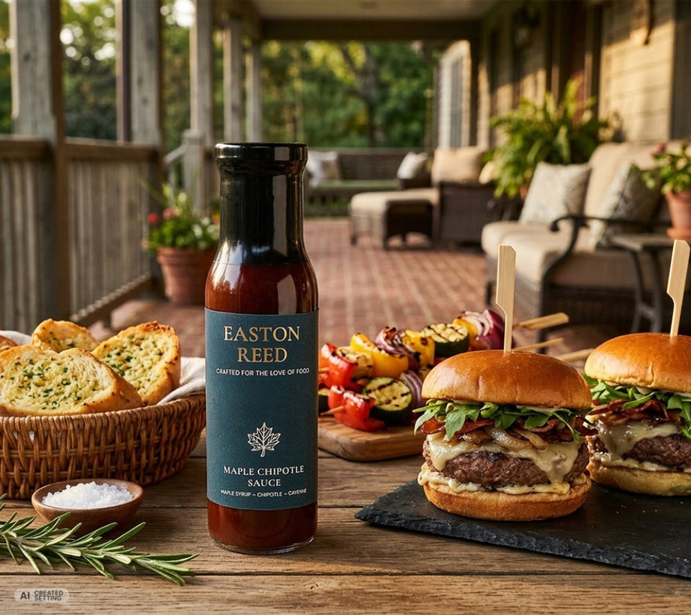 Easton Reed Maple Chipotle Sauce – würzige BBQ-Sauce mit Burgern und Grillgemüse