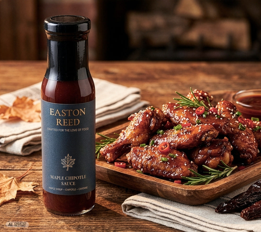 Easton Reed Maple Chipotle Sauce im Glas mit würzigen glasierten Chicken Wings, Chili und Rosmarin – rauchig-süße BBQ-Sauce mit Ahornsirup und Chipotle