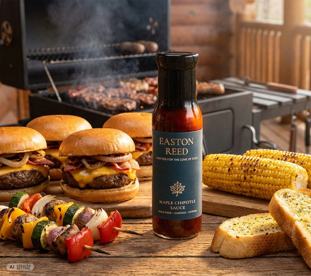 Easton Reed Maple Chipotle Sauce mit gegrilltem Fleisch, Maiskolben, Burgern und gemüsespießen