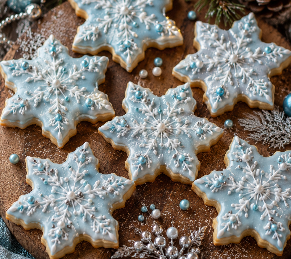 Kekse in Schneeflocken-Form liegen auf einem Holzbrett das winterlich aussieht. Die Kekse sind mit hellblauem Zuckerguss und Perlen verziert