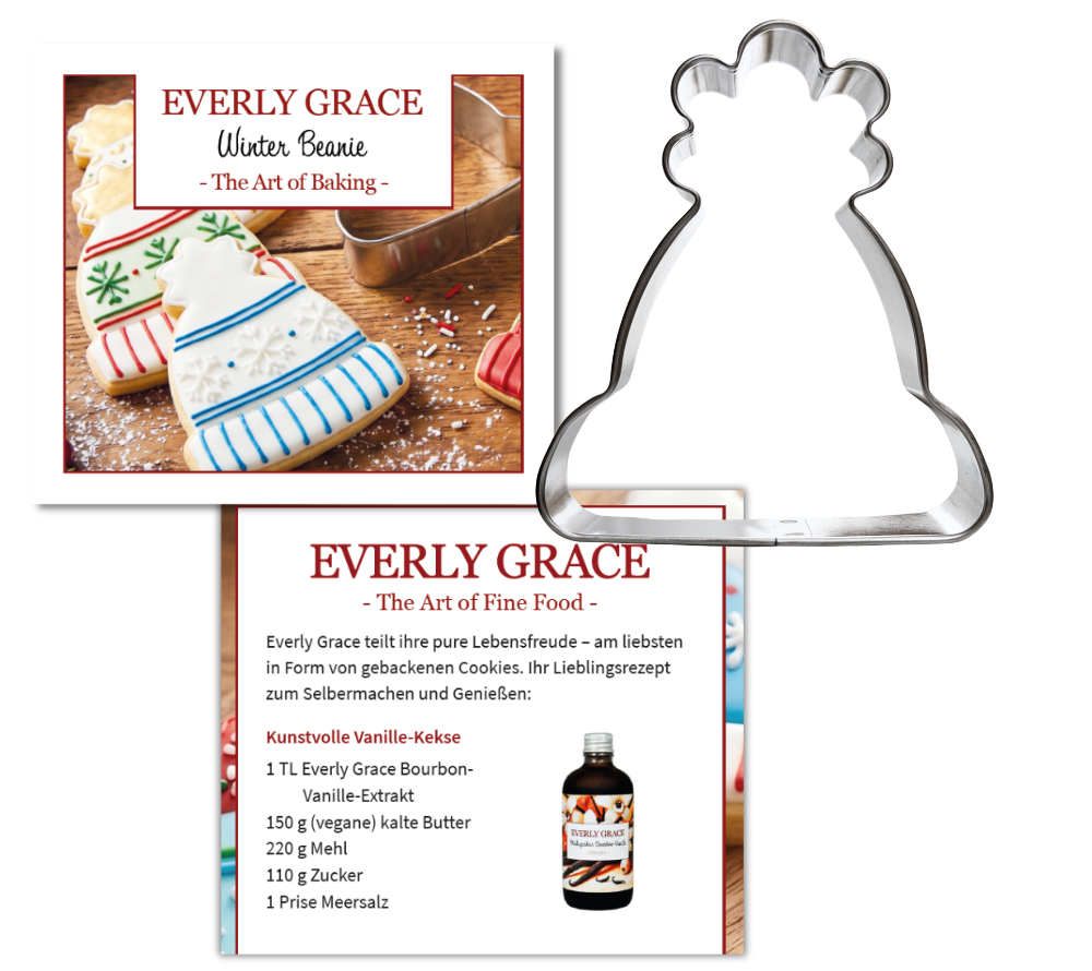 Winter Beanie Keksausstecher von Everly Grace als Freisteller mit dem Label und dem Rezept im Anhänger