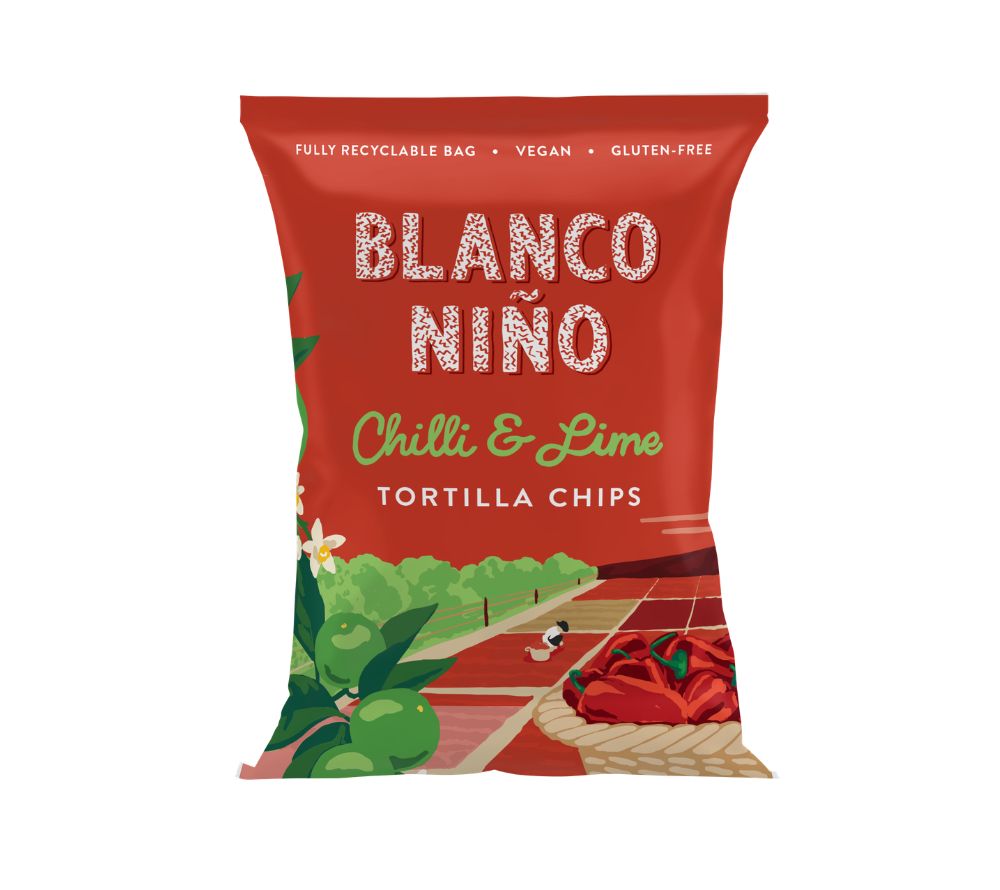 Blanco Niño Mini Chilli & Lime Tortilla Chips – traditionell hergestellt, vegan und glutenfrei. Knusprige Tortilla Chips mit Limette und Ancho-Chili.