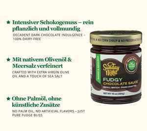 Sunday Night Vegane Schokoladensauce kaufen | Geschmack: Dunkle Schokolade, Meersalz, Olivenöl | Vielseitig für Desserts & mehr | Jetzt entdecken!