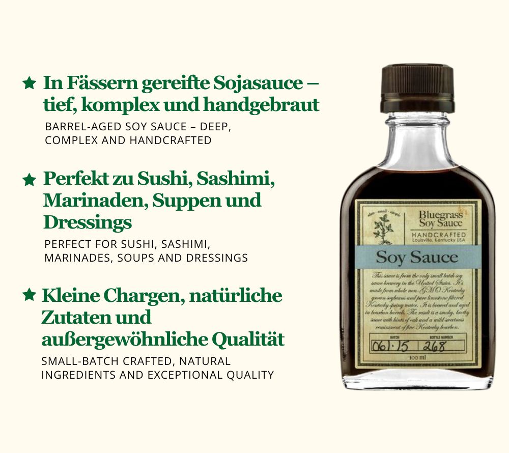 Barrel-Aged Soy Sauce - Einzigartiger Geschmack 100 ml kaufen ☆ Mit einer tiefen Umami-Note, subtiler Süße und rauchigem Aroma ☆ Der perfekte Begleiter für Sushi, Saucen und mehr ☆ Jetzt entdecken!