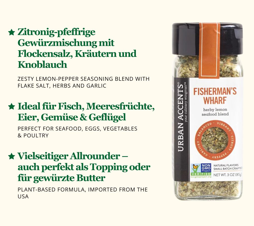 Die Fisherman's Wharf Gewürzmischung besteht aus Kräutern, verschiedenen Gewürzen, Pfeffer, Flockensalz, grob gemahlenen grünen Zwiebeln, Knoblauch und Petersilie.