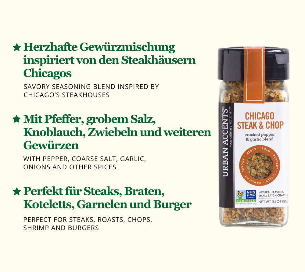 
                  
                    Chicago Steak & Chop Gewürz von Urban Accents kaufen – würzige Mischung für Steaks, Braten & Meeresfrüchte
                  
                