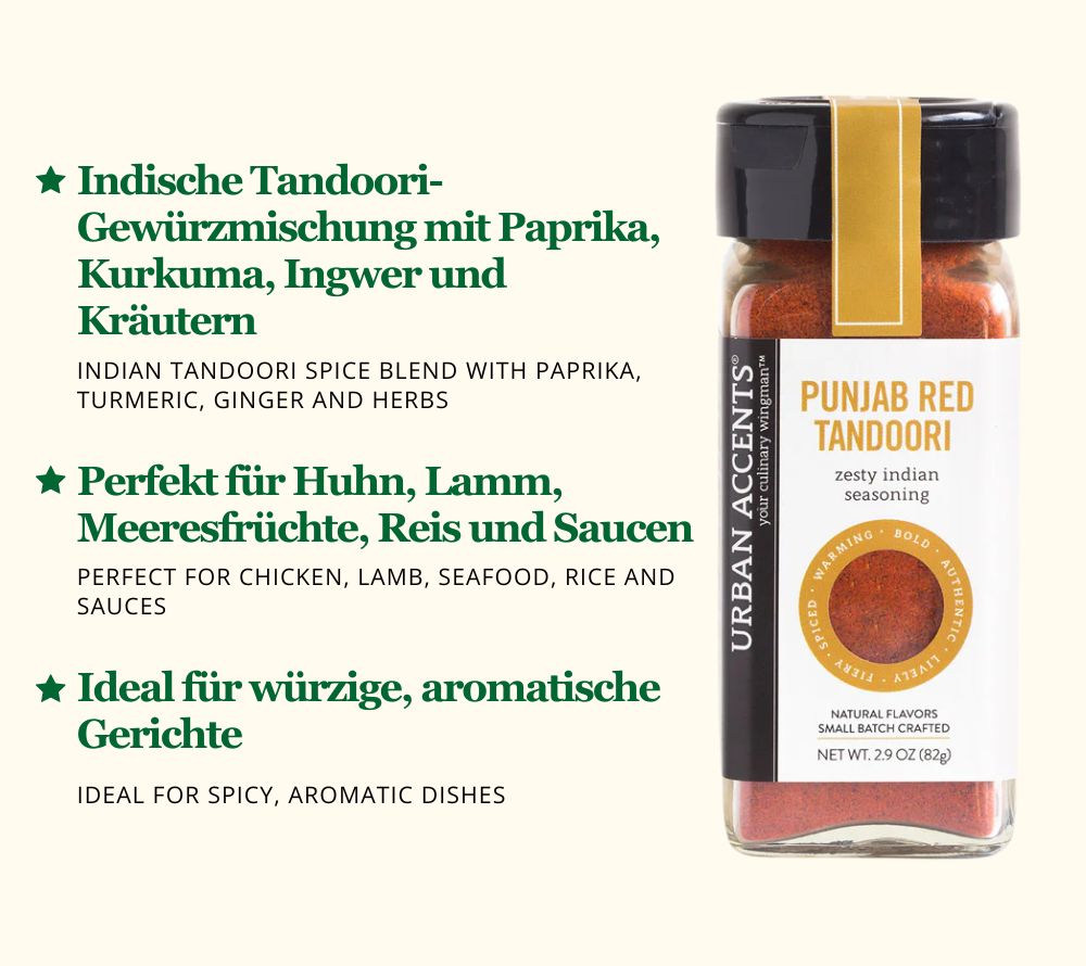 Eine kulinarische Reise ins ferne Indien mit dem Punjab Red Tandoori Gewürz, bestehend aus Paprika, Kurkuma, Ingwer sowie über 16 weitere Gewürze und Kräuter.