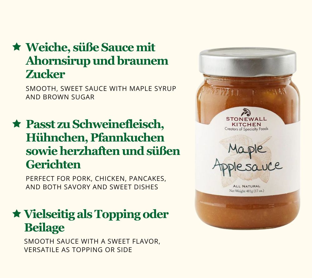 
                  
                    Maple Applesauce ☆ Mit hochwertigem Ahornsirup & braunem Zucker ☆ Geschmacklich einzigartig ☆ Importiert aus den USA » Jetzt probieren! 
                  
                
