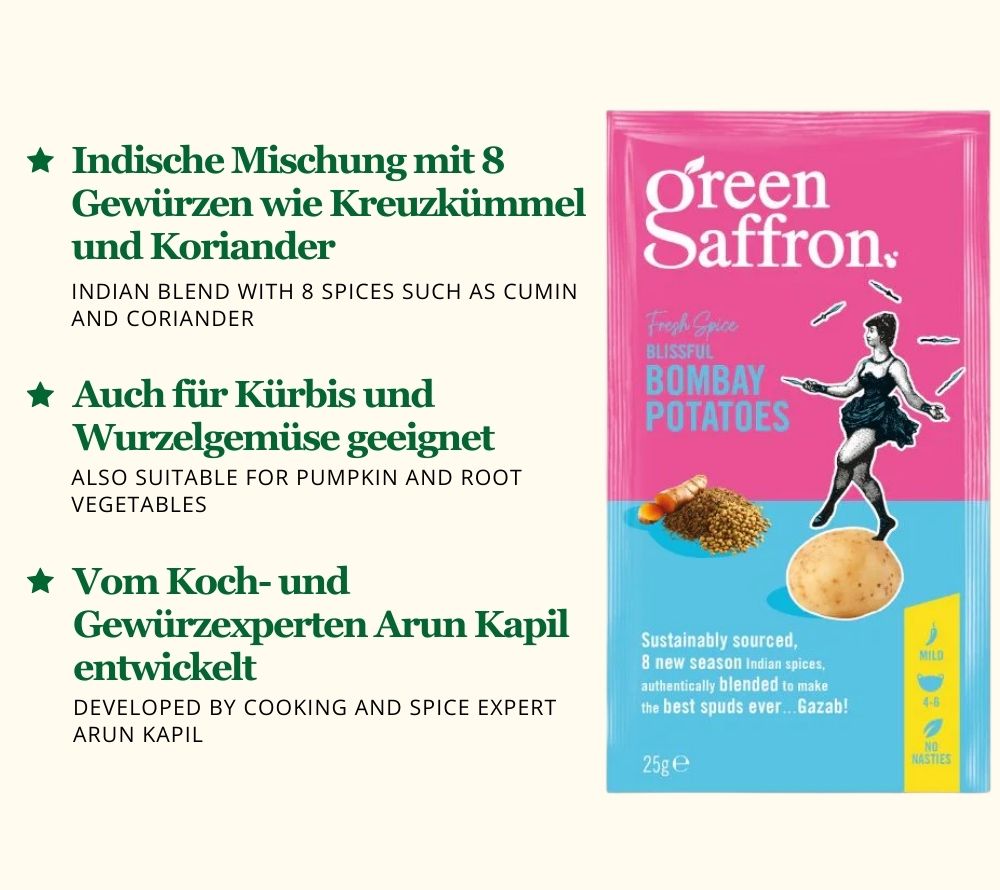 
                  
                    Bombay Potatoes Gewürzmischung von Green Saffron online kaufen ☆ aus 8 feinen Gewürzen vereint erlesene Gewürze ☆ aus nachhaltigem Anbau ☆ Probieren Sie selbst!
                  
                