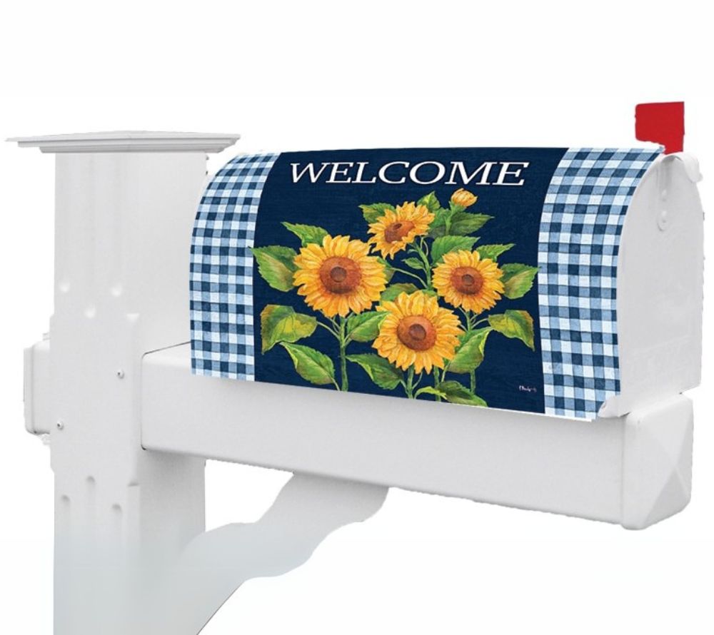 Sunflowers on Navy Mailbox Cover ☆ Sonnenblumen-Deko für Ihre US-Mailbox ☆ Spätsommerlicher Landhausstil für den Vorgarten ☆ Jetzt kaufen!