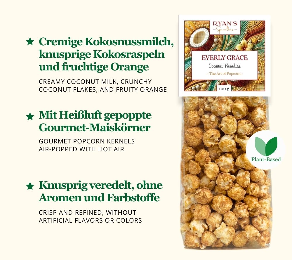 
                  
                    Everly Grace Popcorn - Coconut Paradise ☆ Mit Kokosmilch, Kokosraspeln und Orange ☆ Ohne Aromen und Farbstoffe
                  
                