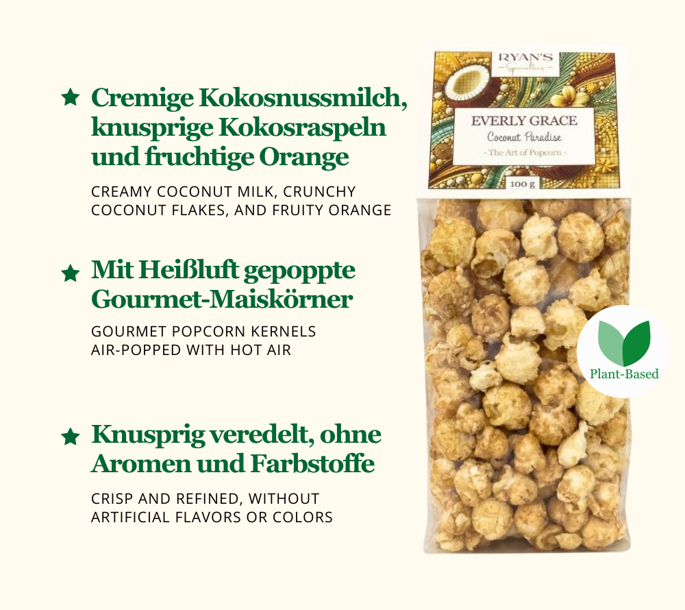 Everly Grace Popcorn - Coconut Paradise ☆ Mit Kokosmilch, Kokosraspeln und Orange ☆ Ohne Aromen und Farbstoffe
