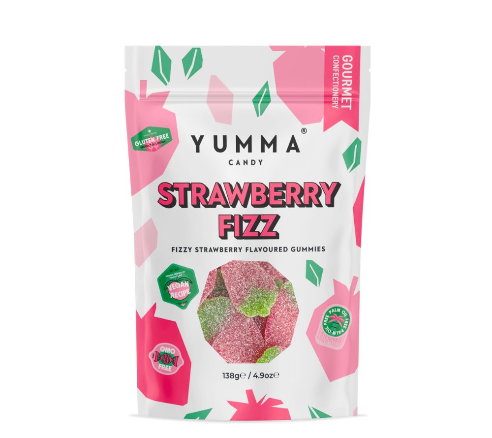 
                  
                    Strawberry Fizz Pouch Bag von Yumma Candy ☆ Vegane Gummibonbons mit Erdbeere ☆ Aus England
                  
                