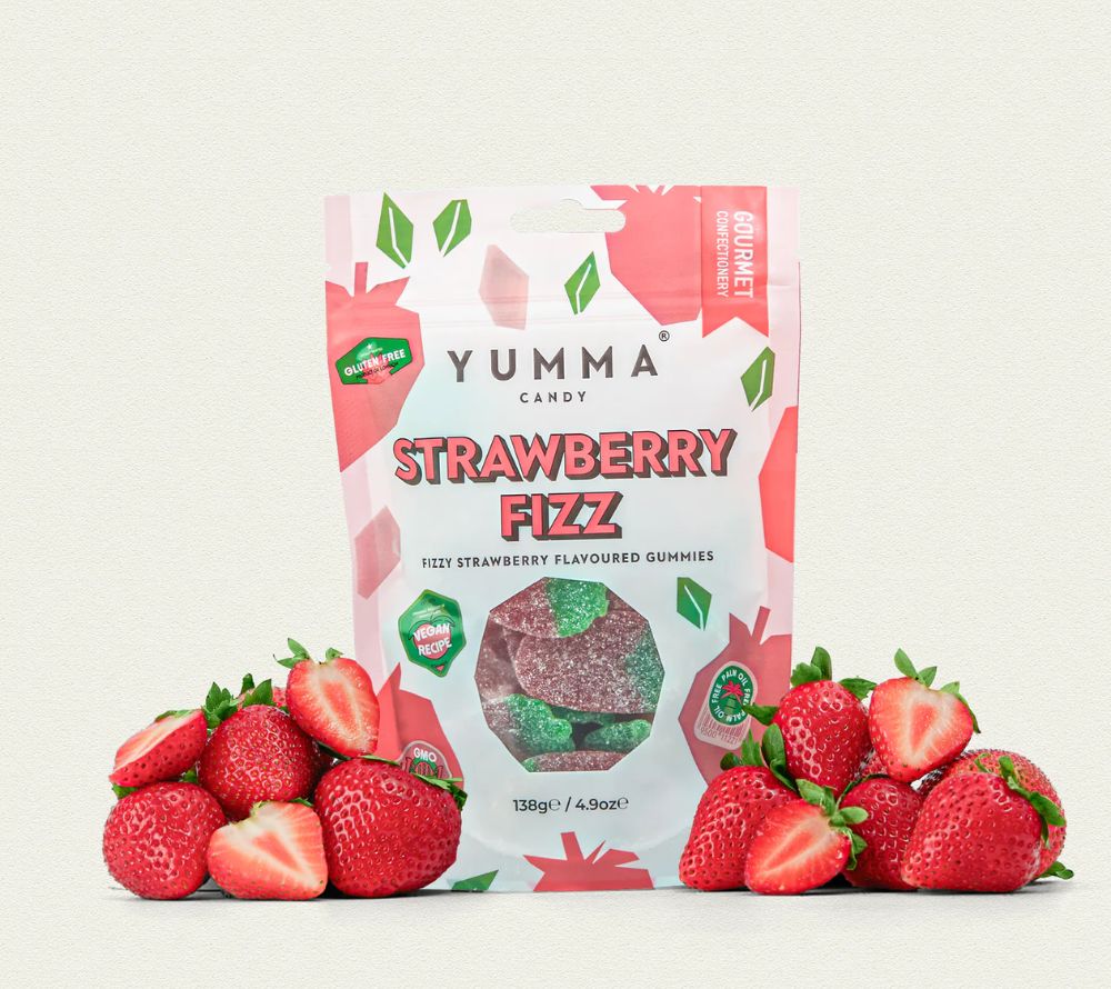 
                  
                    Strawberry Fizz Pouch Bag von Yumma Candy ☆ Vegane Gummibonbons mit Erdbeere ☆ Aus England
                  
                
