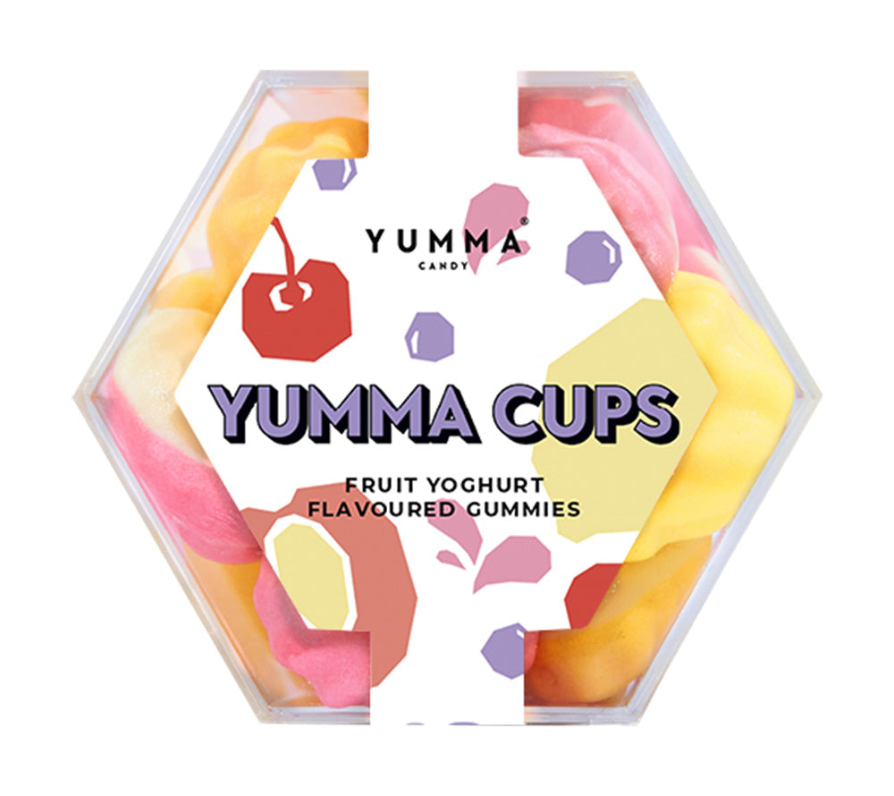 Yumma Candy Cups kaufen | Fruchtige Mini-Cupcakes in Aprikose, Kirsche, Holunderbeere & Zitrone | Mit Magermilchjoghurtpulver für cremigen Genuss | In stabiler Hexagon Box für langanhaltende Frische | Britische Kult-Süßigkeit für unwiderstehliche Momente!