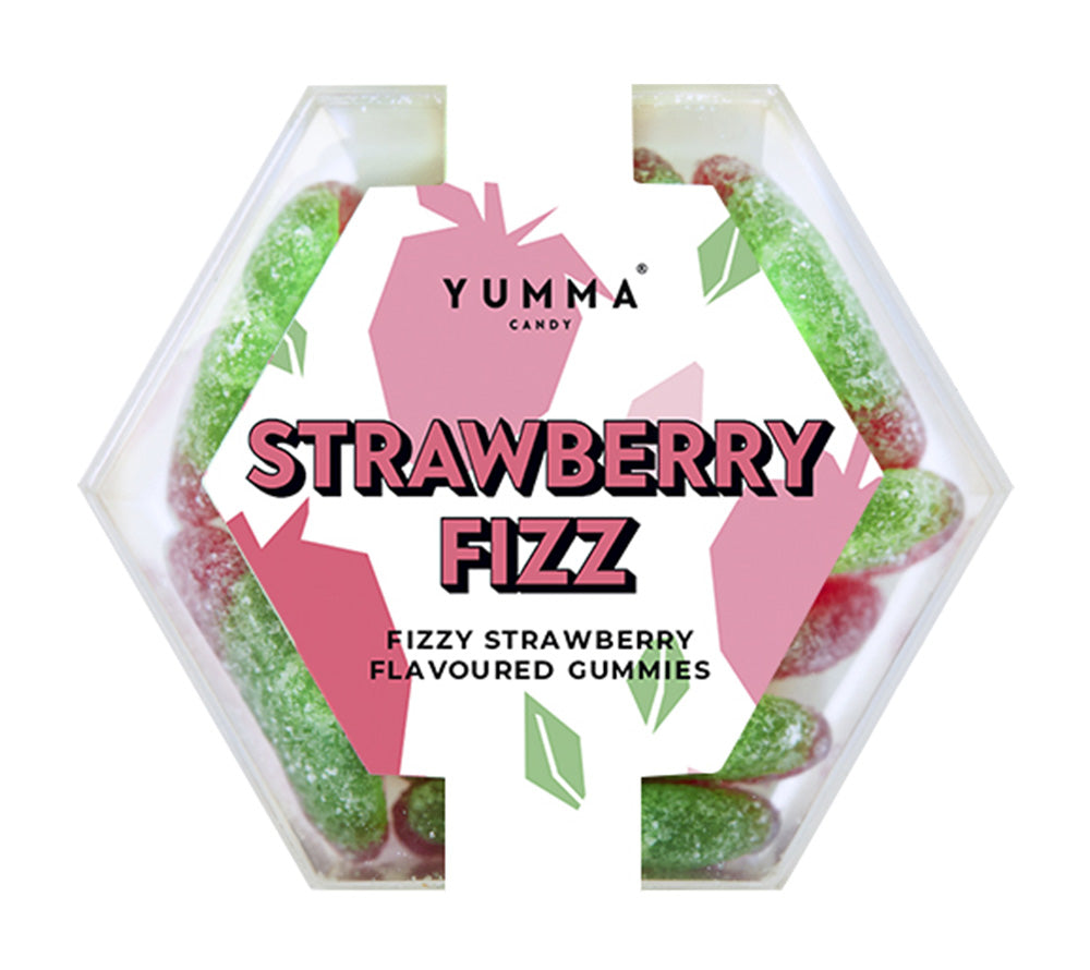 Yumma Candy Strawberry Fizz kaufen | Vegane Fruchtgummis mit spritziger Kohlensäure und süßem Zuckerüberzug | Lang anhaltender Geschmack in robuster Hexagon Box | Fruchtige Innovation aus Großbritannien jetzt probieren!