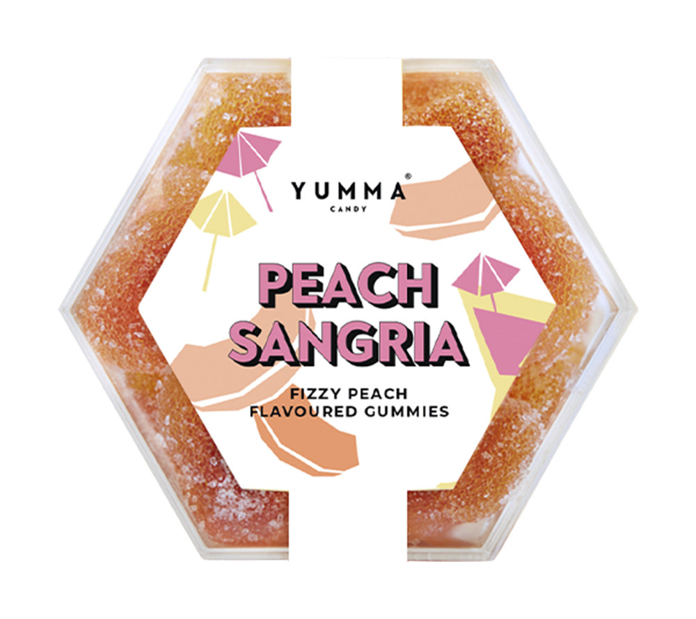 Yumma Candy Peach Sangria kaufen | Fruchtgummis mit flüssigem Kern und süß-saurer Note | Inspiriert vom spanischen Sangria-Cocktail, alkoholfrei | In robuster Hexagon Box für langanhaltenden Genuss | Britische Süßigkeiten-Innovation jetzt entdecken!