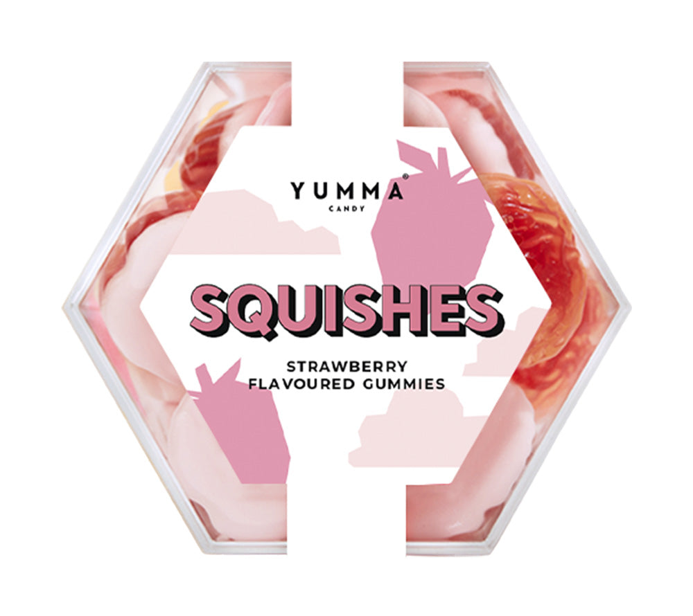 Yumma Candy Squishes kaufen | Weiche Gelee-Fruchtgummis mit flüssigem Erdbeerkern und Schaumzucker | Perfekte Nascherei in robuster Hexagon Box | Süße Spezialität aus Großbritannien für unwiderstehlichen Genuss!