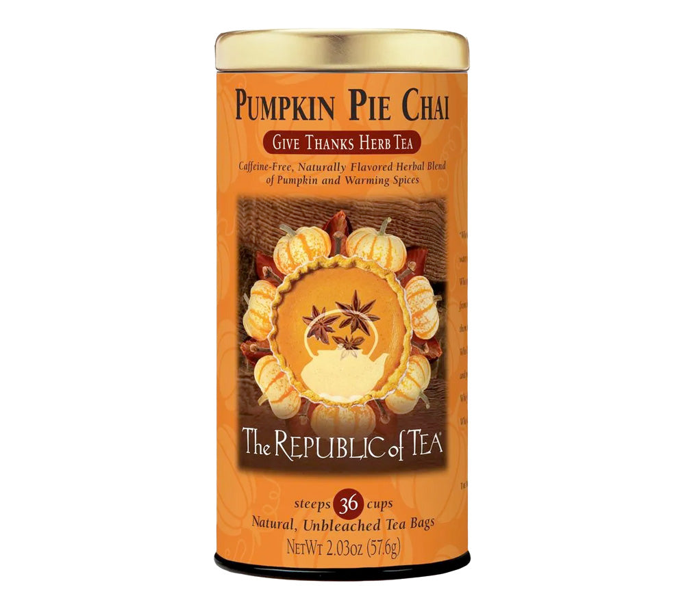 Pumpkin Pie Chai von The Republic of Tea (Metalldose mit 36 Beuteln) kaufen ☆ Dekorative Metalldose ☆ Mehr Sorten ☆ Jetzt probieren!