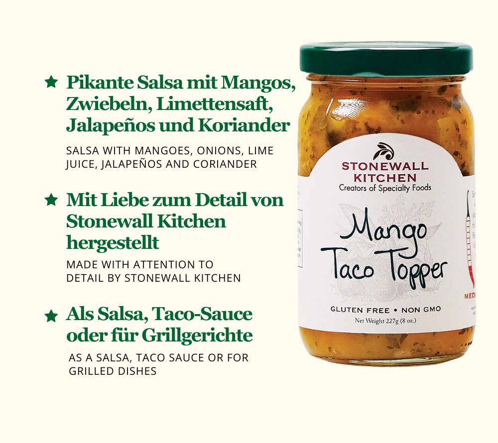 
                  
                    Mango Taco Topper von Stonewall Kitchen kaufen ☆ Salsa mit Mango, roten Zwiebeln und Limettensaft ☆ Für Tacos und zum Grillen ☆ Jetzt probieren!
                  
                
