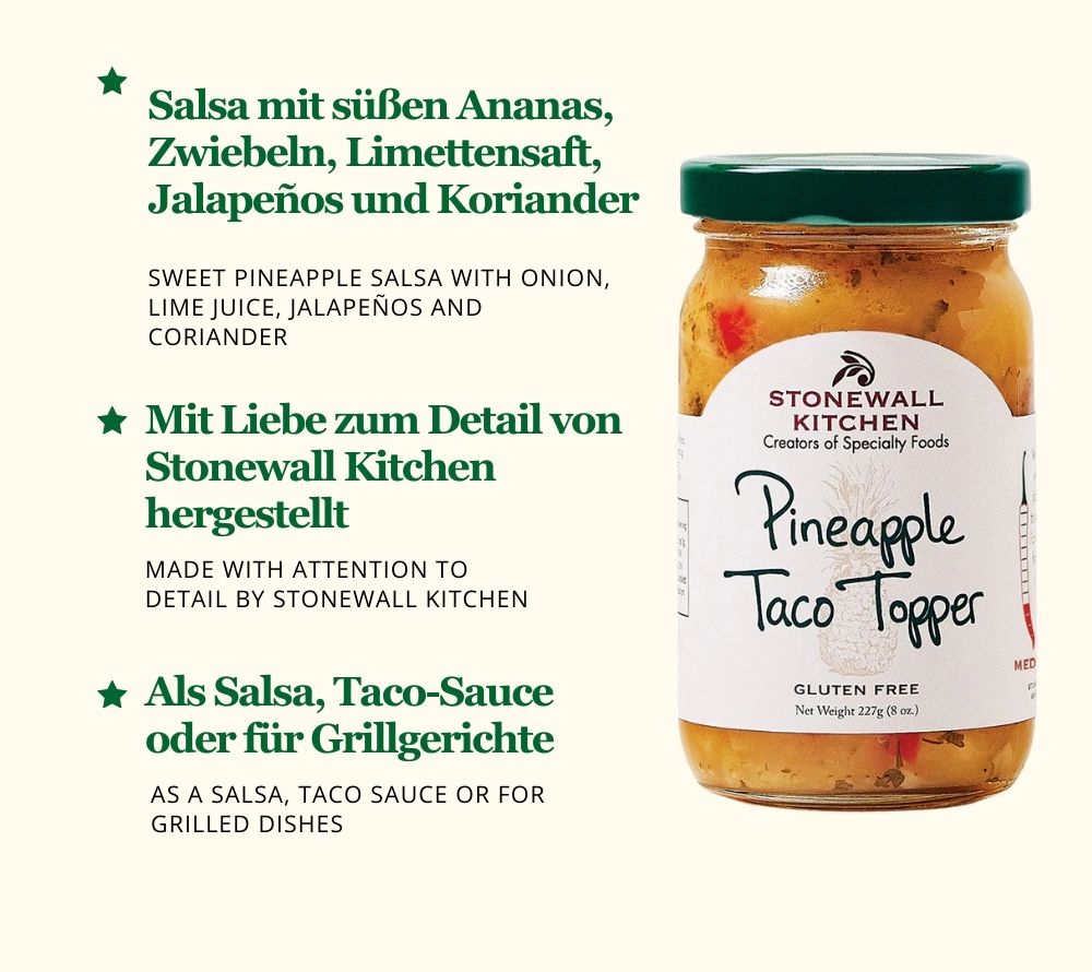 
                  
                    Pineapple Taco Topper von Stonewall Kitchen kaufen ☆ Salsa mit Ananas, roten Zwiebeln & Limettensaft ☆ Für Tacos & zum Grillen ☆ Jetzt probieren!
                  
                