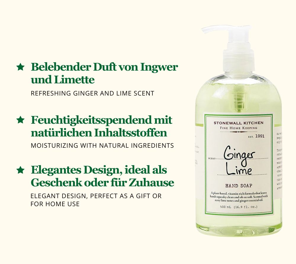 Ginger Lime Hand Soap von Stonewall Kitchen kaufen ☆ Luxuriöse Seife in edlem Design ☆ Mit natürlichen Inhaltsstoffen ☆ Jetzt probieren!
