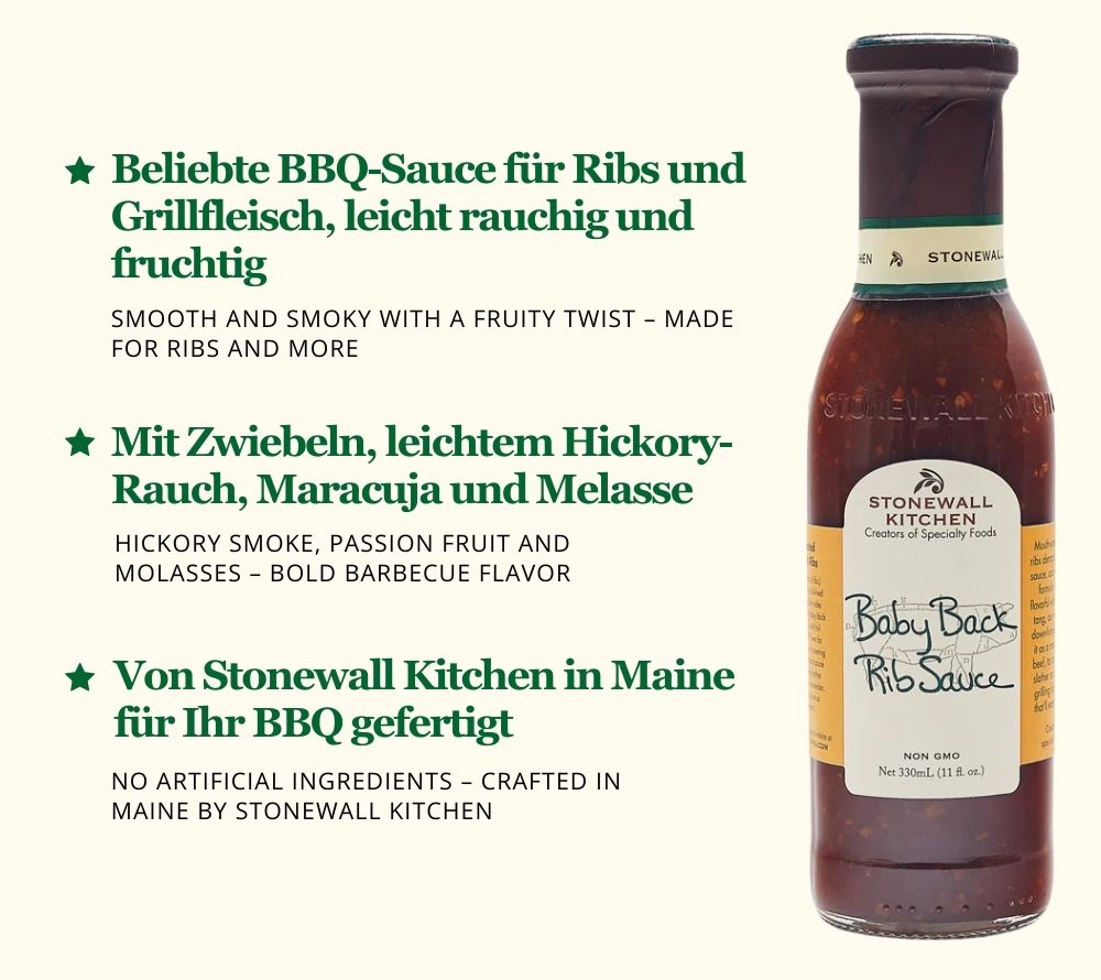
                  
                    Baby Back Rib Sauce von Stonewall Kitchen ☆ mit Hickory-Rauch verfeinert ☆ hochwertige Zutaten ☆ für Rippchen & Co. ☆ Jetzt probieren!
                  
                
