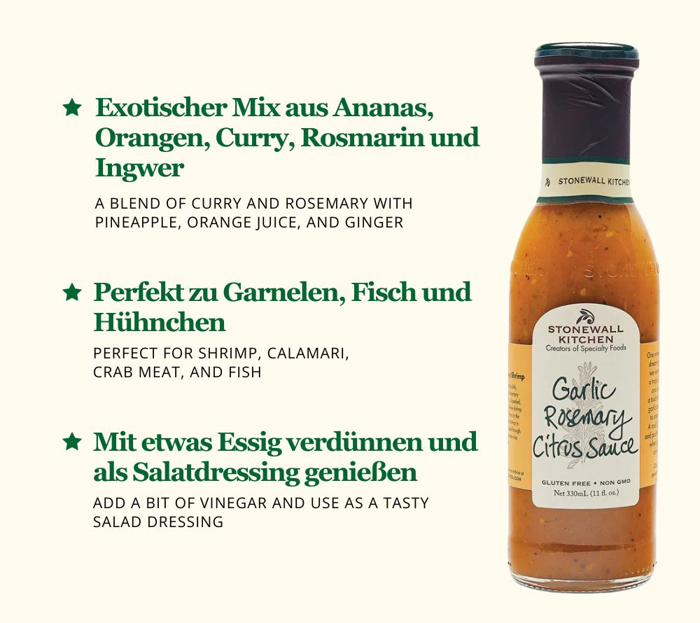 Garlic Rosemary Citrus Sauce von Stonewall Kitchen ☆ fruchtig-exotisches Aroma ☆ hochwertige Zutaten ☆ intensiver Geschmack ☆ Jetzt probieren!