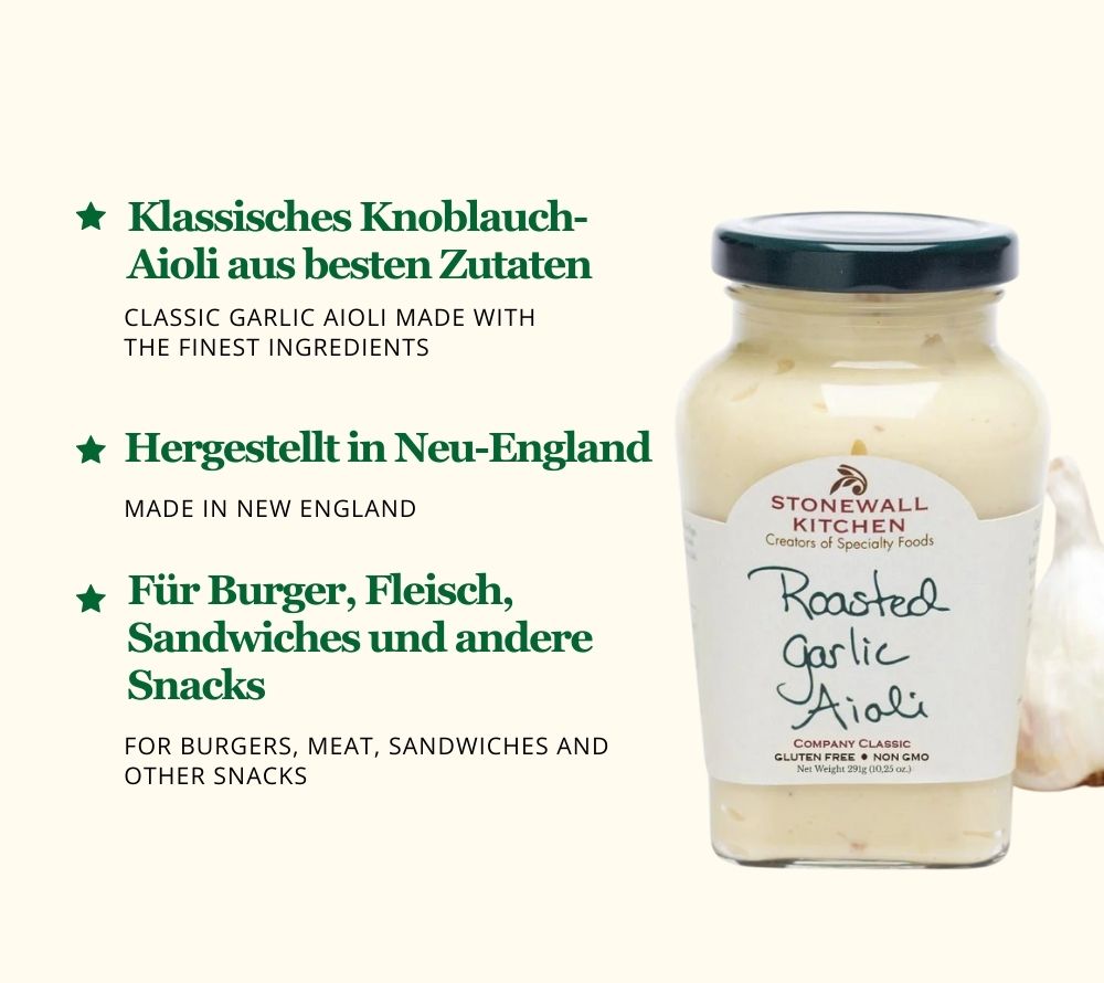 
                  
                    Roasted Garlic Aioli von Stonewall Kitchen ☆ cremiges Aioli mit französischer Mayonnaise ☆ natürliche Zutaten ☆ intensiver Geschmack ☆ Jetzt probieren!
                  
                
