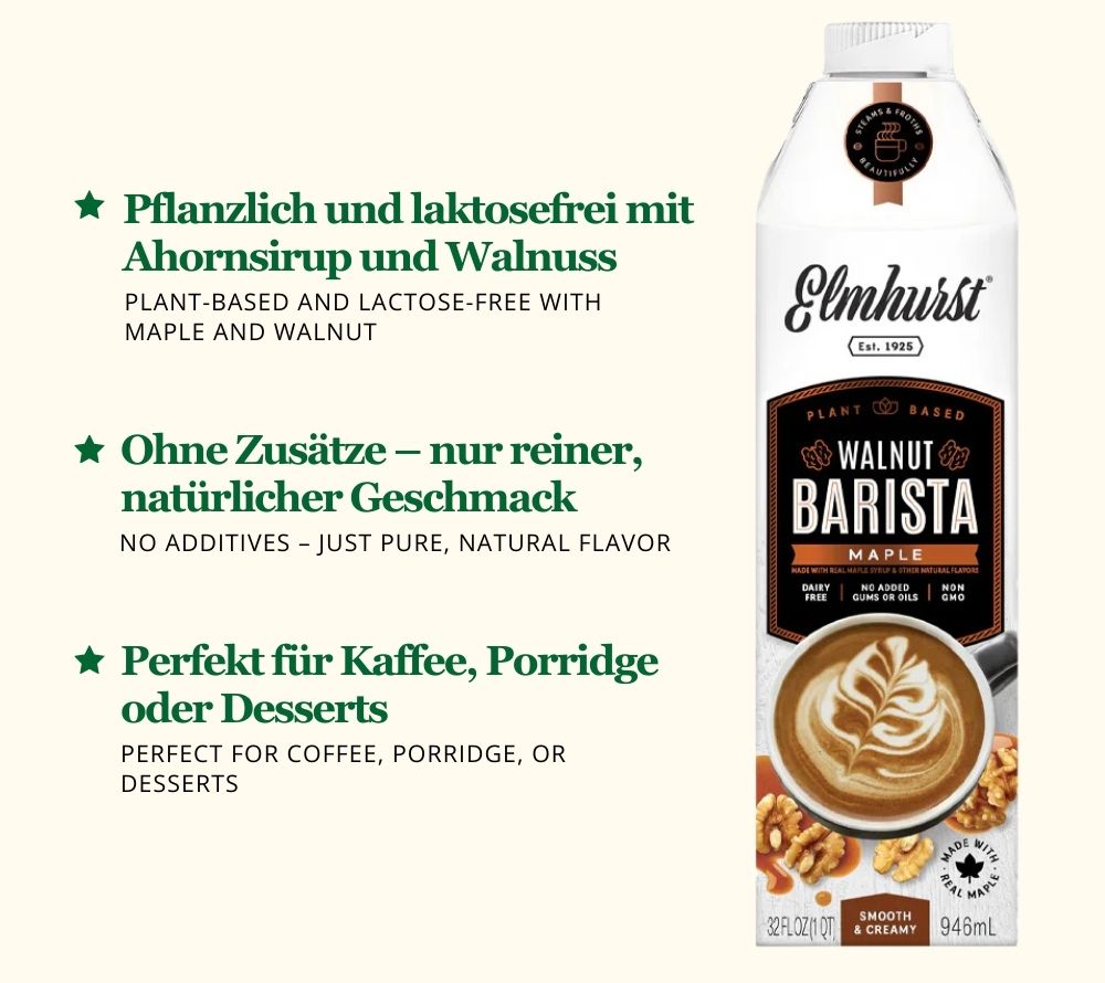 
                  
                    Barista Maple Walnut Milk von Elmhurst kaufen | Gourmet vegane Milchalternativen | Inkl. Mandel, Hafer, Cashew, Ahorn, Walnuss | Perfekt für Kaffee, Smoothies, Brei, Desserts | EU Versand
                  
                