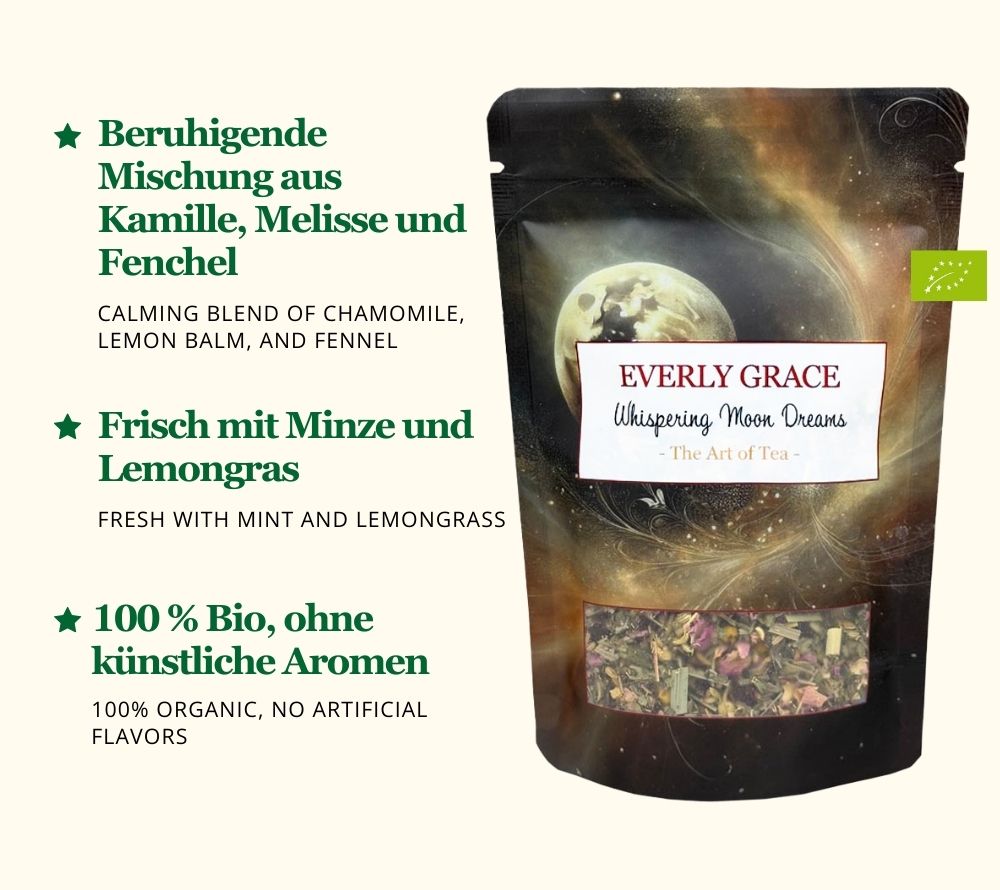 Everly Grace Whispering Moon Dreams Tee kaufen | koffeinfreier Bio-Tee ohne Aromen | Kräutertee mit Melisse, Fenchel, Kardamom, Kamille und Rosenblüten | Eine verführerische Teemischung für luxuriöse Genussmomente!