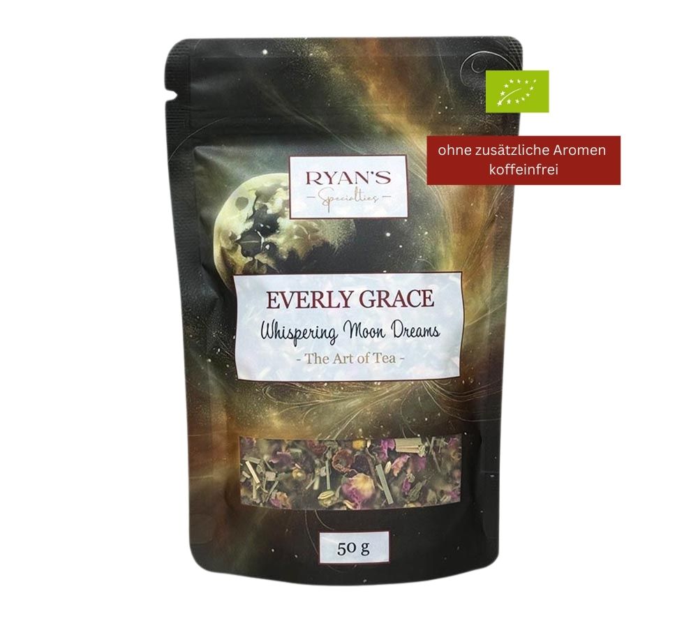 Everly Grace Whispering Moon Dreams Tee kaufen | koffeinfreier Bio-Tee ohne Aromen | Kräutertee mit Melisse, Fenchel, Kardamom, Kamille und Rosenblüten | Eine verführerische Teemischung für luxuriöse Genussmomente!