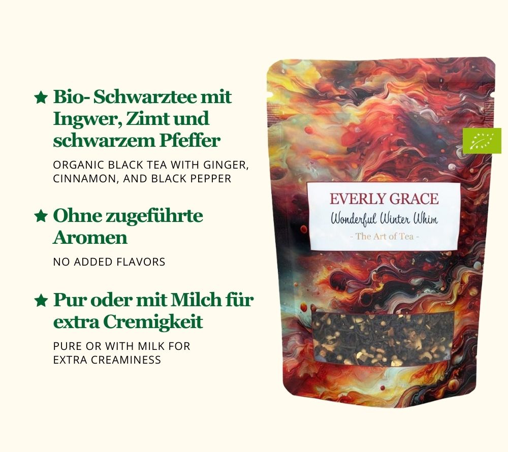 Everly Grace Wonderful Winter Whim Tee kaufen | Bio-Schwarztee ohne Aromen | Mit Ingwer, Zimt und Apfelstücken | Eine verführerische Teemischung für luxuriöse Genussmomente!